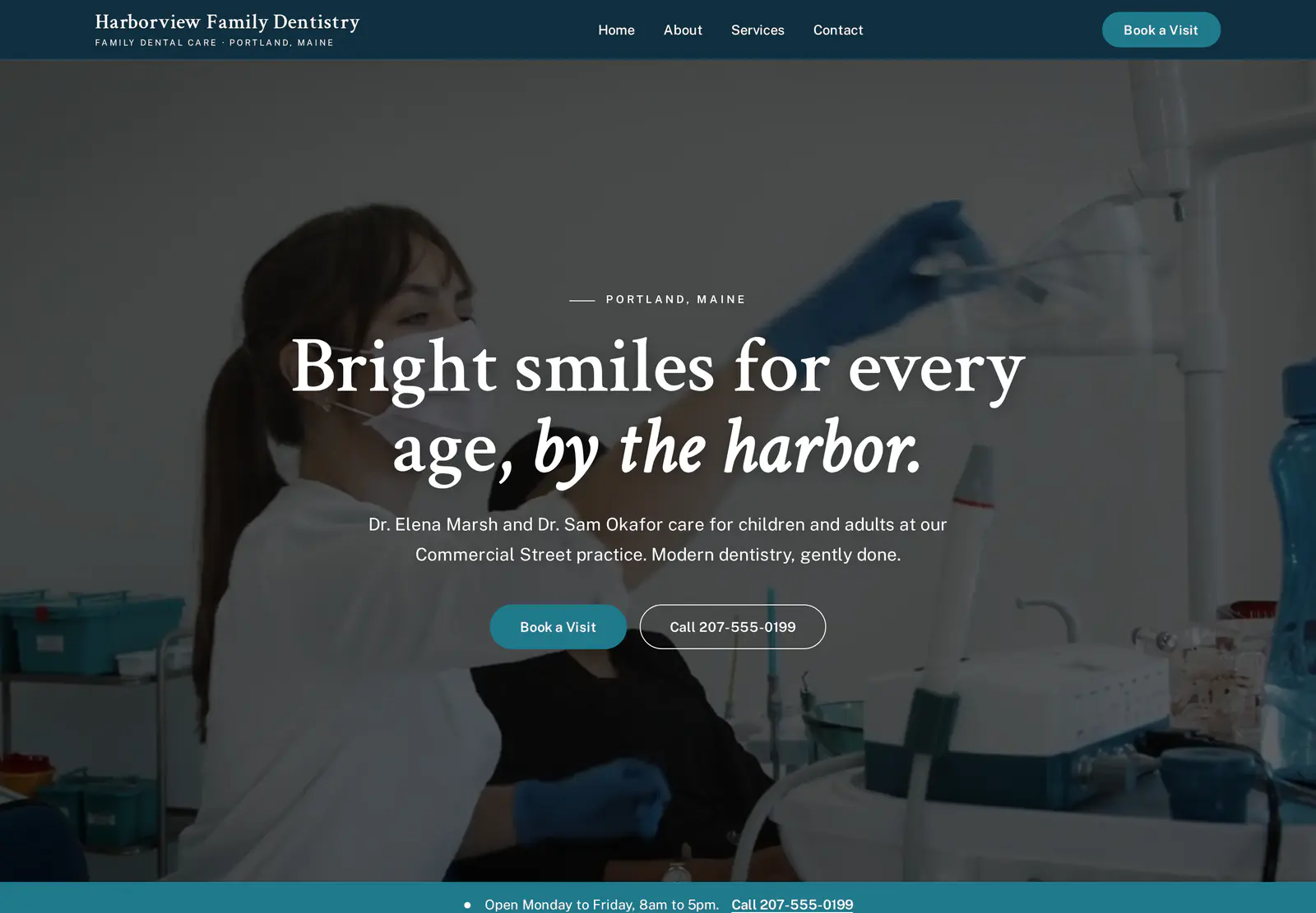 The home page of Harborview Family Dentistry, a made-up business, as EZ Sites built it